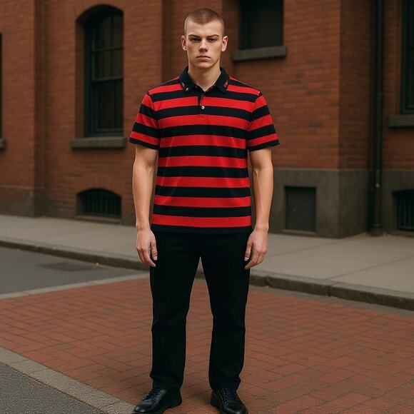 Gucci Polo Shirt Mens Small Red & Black Snake Bee Collar Slim Fit Modern Italy - Picture 1 of 10